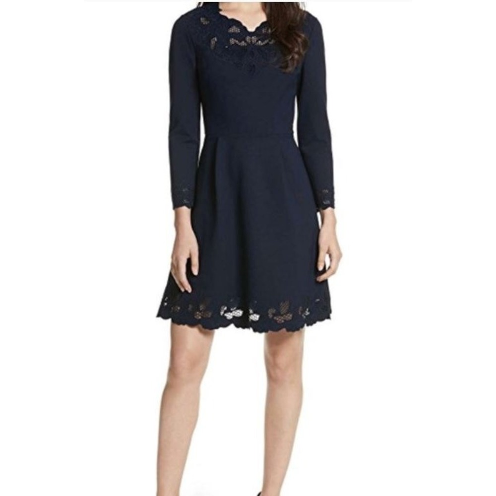TED BAKER Emey Cut Out Embroidery Scallop Fit Flare Dress Navy Blue Sz 3 US 8